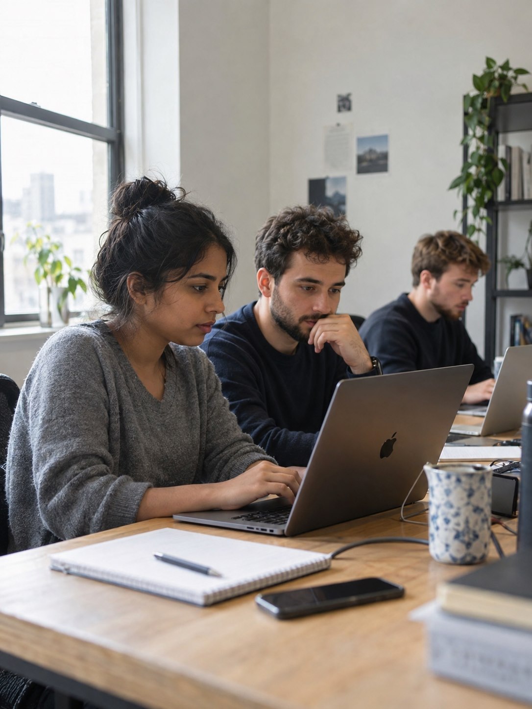 A team reviewing a project together on laptops